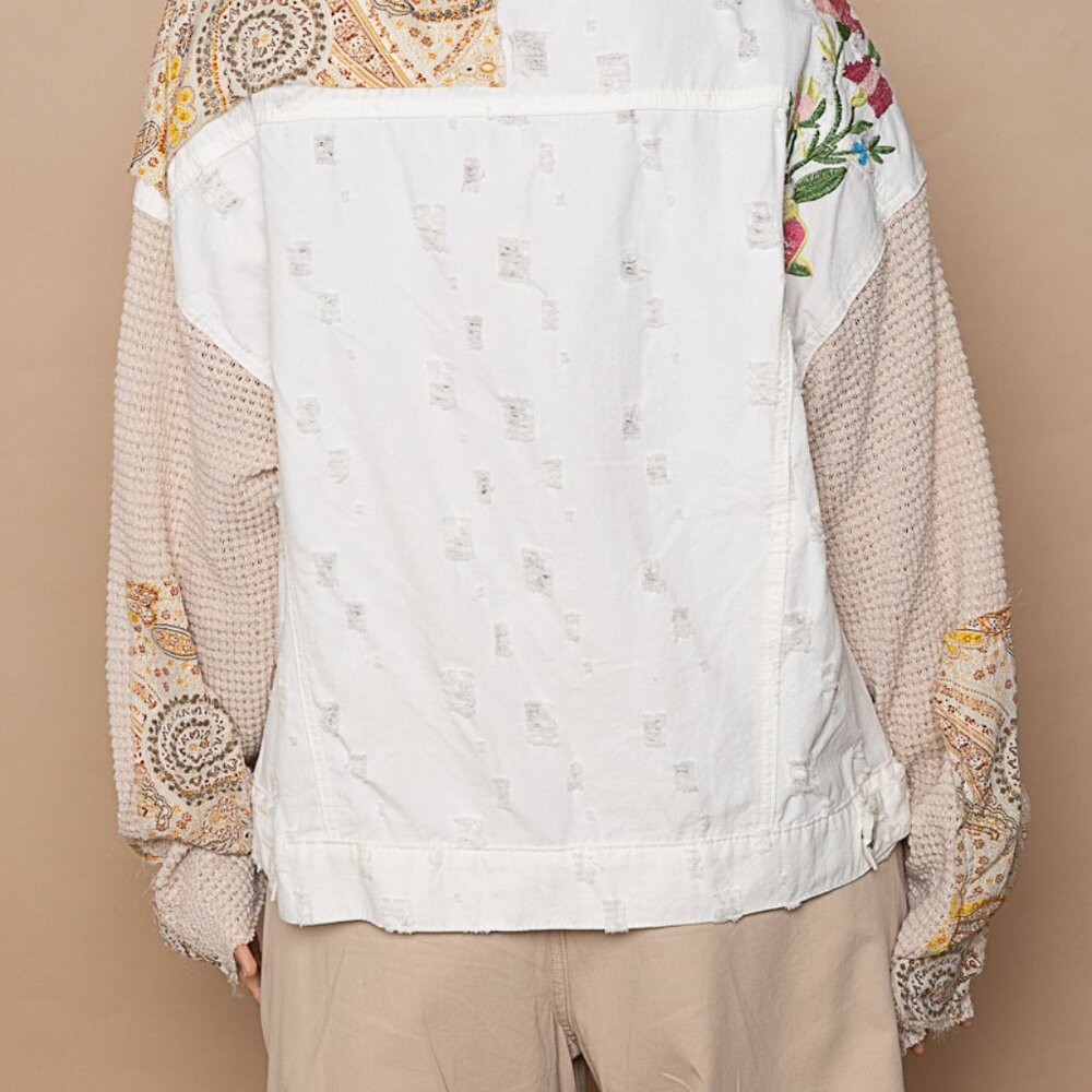POL White Thermal Sleeve Paisley Patch Button Down Shacket Jacket - Picture 9 of 9